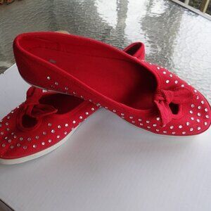 Nomad red canvas flats with rhinestones, bow, rubber soles, size 8